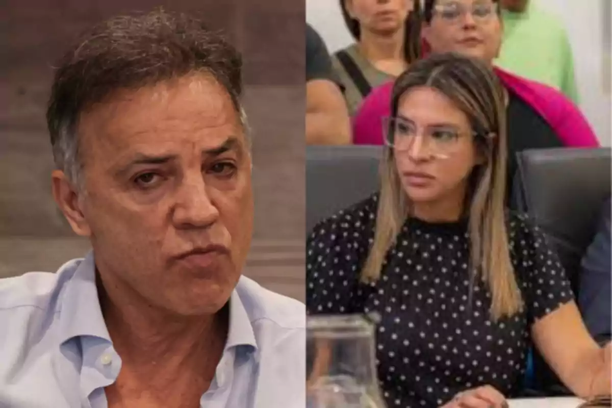 Two people in a split image, one on the left with a serious expression and the other on the right with glasses and blonde hair, sitting in a meeting. Two people in a split image, one on the left with a serious expression and the other on the right with glasses and blonde hair, sitting in a meeting.