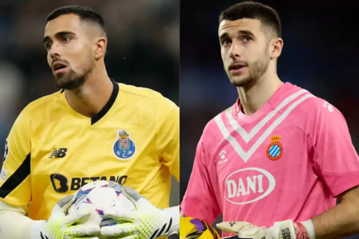 Dos futbolistas en uniforme de portero, uno con camiseta amarilla y el otro con camiseta rosa, ambos sosteniendo un balón. Dos futbolistas en uniforme de portero, uno con camiseta amarilla y el otro con camiseta rosa, ambos sosteniendo un balón.