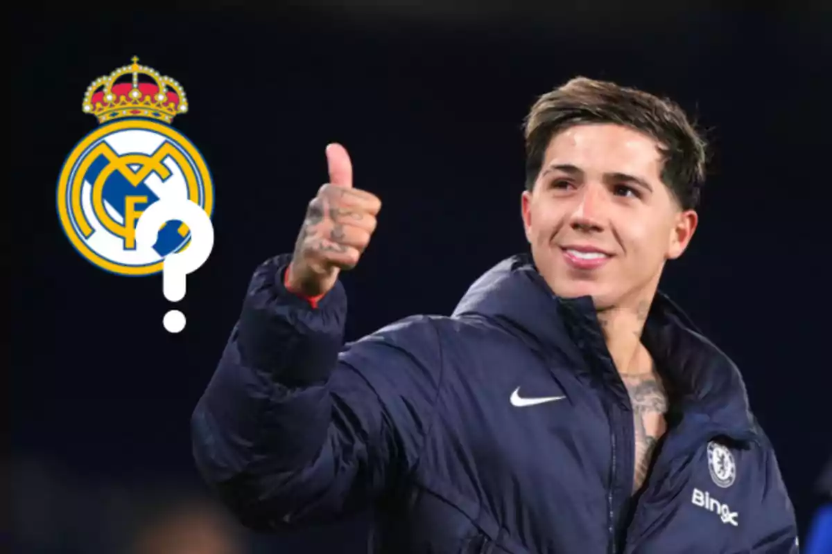 A player in a blue jacket gives a thumbs up while smiling, next to him is a Real Madrid crest with a question mark.