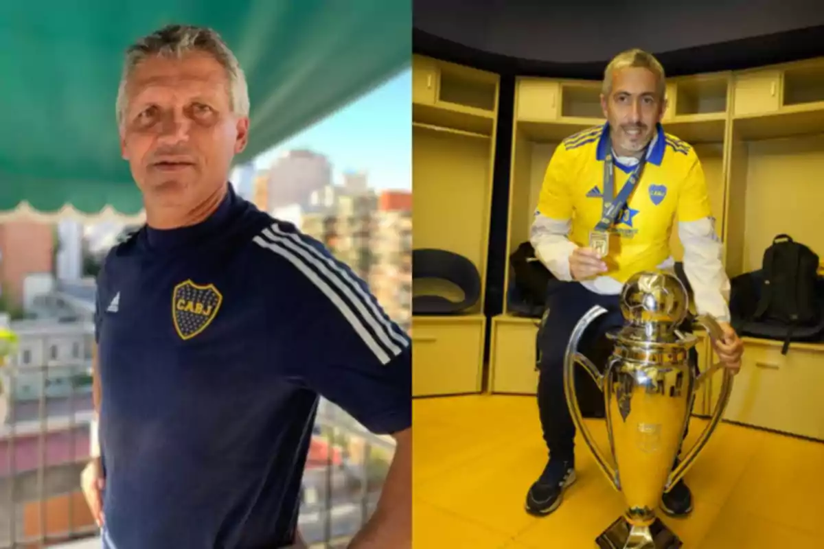 Dos hombres con camisetas de Boca Juniors uno posando al aire libre y el otro sentado en un vestuario junto a un trofeo grande Dos hombres con camisetas de Boca Juniors uno posando al aire libre y el otro sentado en un vestuario junto a un trofeo grande