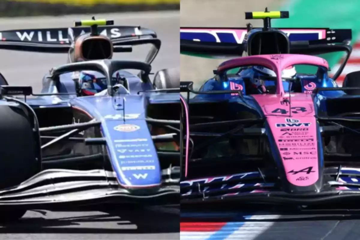 Two Formula 1 cars seen from the front, one blue with white details and the other blue with pink, both on track during a race. Two Formula 1 cars seen from the front, one blue with white details and the other blue with pink, both on track during a race.