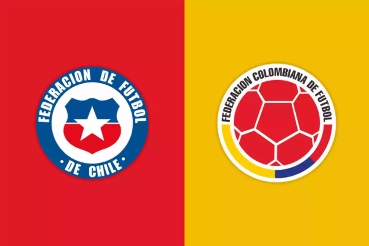 Escudos de la Federación de Fútbol de Chile y la Federación Colombiana de Fútbol sobre fondos rojo y amarillo respectivamente Escudos de la Federación de Fútbol de Chile y la Federación Colombiana de Fútbol sobre fondos rojo y amarillo respectivamente