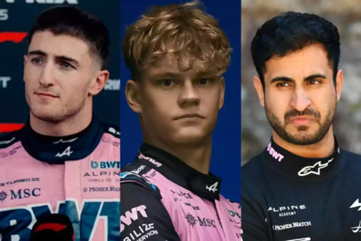 Tres pilotos de automovilismo con uniforme rosa y negro de la escudería Alpine posan mirando en diferentes direcciones Tres pilotos de automovilismo con uniforme rosa y negro de la escudería Alpine posan mirando en diferentes direcciones