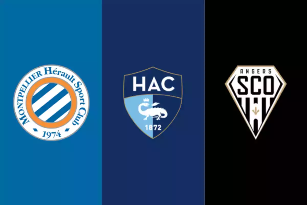 Three soccer team crests in a vertical design with a blue and black background. Three soccer team crests in a vertical design with a blue and black background.