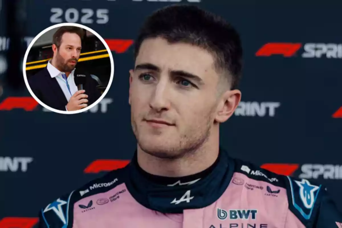 A race car driver in a pink and blue Alpine uniform appears in the foreground, while a man with a microphone is seen in an inset.