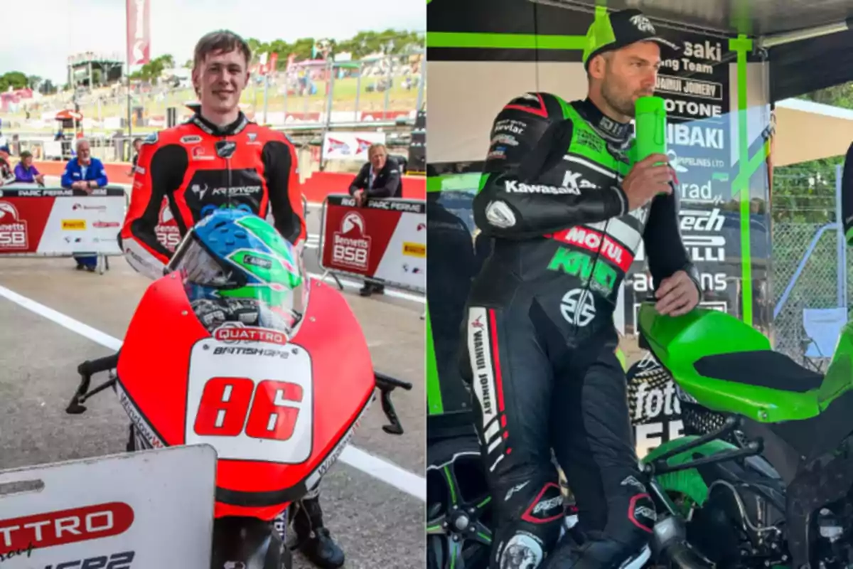 Dos motociclistas en equipo de carreras, uno junto a una moto roja con el número 86 y el otro bebiendo agua junto a una moto verde en un evento de motociclismo. Dos motociclistas en equipo de carreras, uno junto a una moto roja con el número 86 y el otro bebiendo agua junto a una moto verde en un evento de motociclismo.