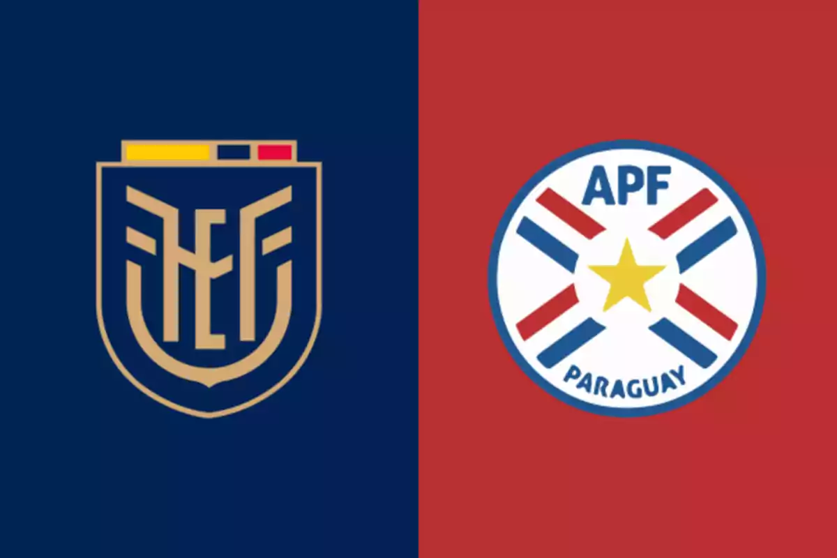 Escudos de las federaciones de fútbol de Ecuador y Paraguay sobre fondos azul y rojo respectivamente. Escudos de las federaciones de fútbol de Ecuador y Paraguay sobre fondos azul y rojo respectivamente.