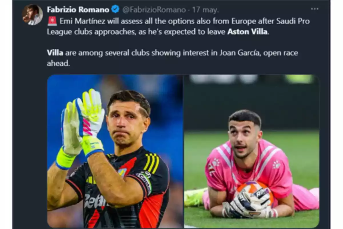 Dos futbolistas con uniformes de portero, uno aplaudiendo y el otro recostado sobre el césped con un balón, acompañados de un texto en inglés sobre posibles transferencias y clubes interesados. Dos futbolistas con uniformes de portero, uno aplaudiendo y el otro recostado sobre el césped con un balón, acompañados de un texto en inglés sobre posibles transferencias y clubes interesados.
