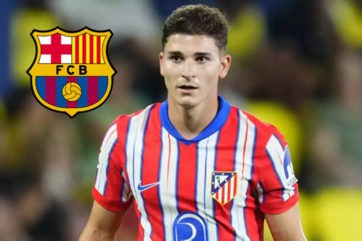 A player wearing the Atlético de Madrid jersey with the FC Barcelona crest in the background.
