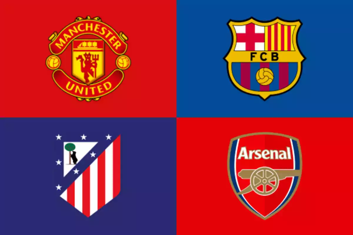 Cuatro escudos de equipos de fútbol famosos Manchester United Barcelona Atlético de Madrid y Arsenal sobre fondos de colores rojo y azul Cuatro escudos de equipos de fútbol famosos Manchester United Barcelona Atlético de Madrid y Arsenal sobre fondos de colores rojo y azul
