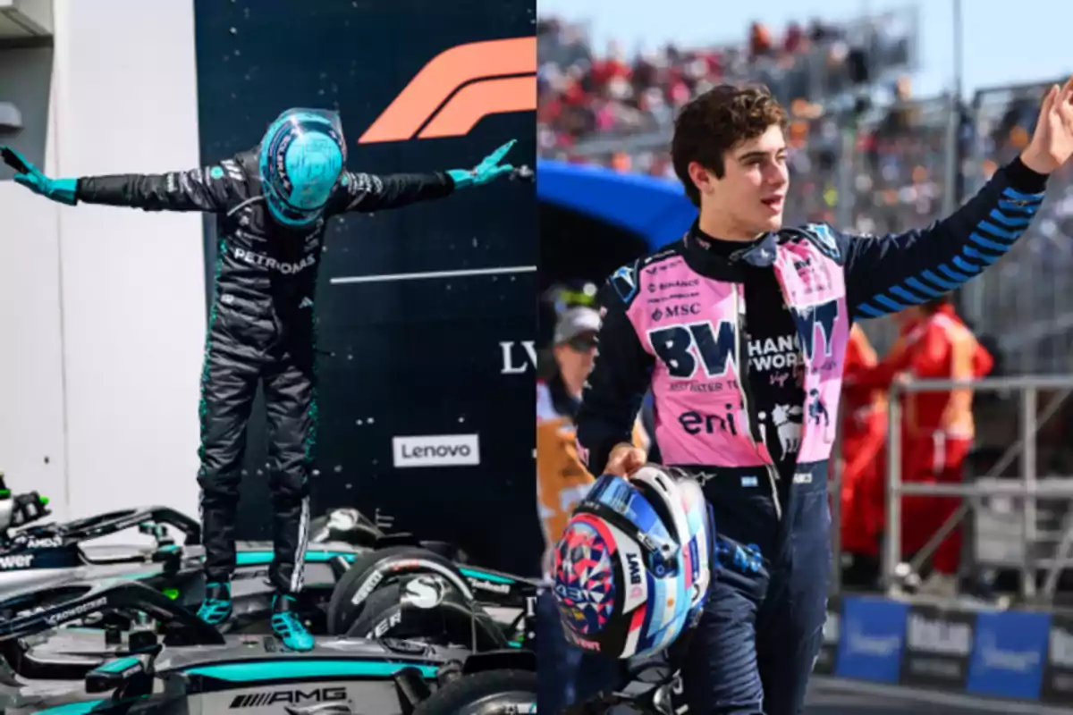 Two Formula 1 drivers celebrate at different moments, one standing on his car with his arms outstretched and the other waving to the crowd with his helmet in his hand.