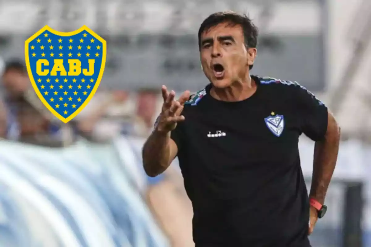A soccer coach gesturing on the field with a Boca Juniors crest in the corner.