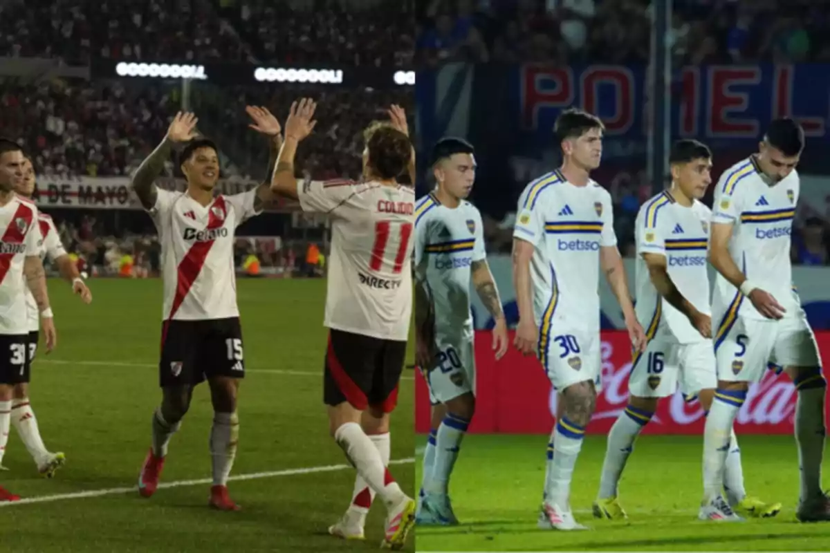 Jugadores de dos equipos de fútbol en el campo, uno celebrando y el otro caminando con expresiones serias. Jugadores de dos equipos de fútbol en el campo, uno celebrando y el otro caminando con expresiones serias.