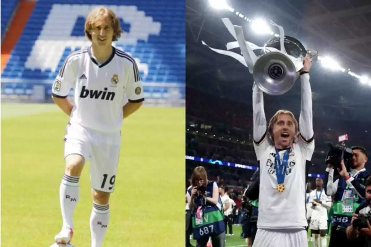 A player in a Real Madrid uniform on the field and then celebrating with a trophy in a stadium full of lights. A player in a Real Madrid uniform on the field and then celebrating with a trophy in a stadium full of lights.