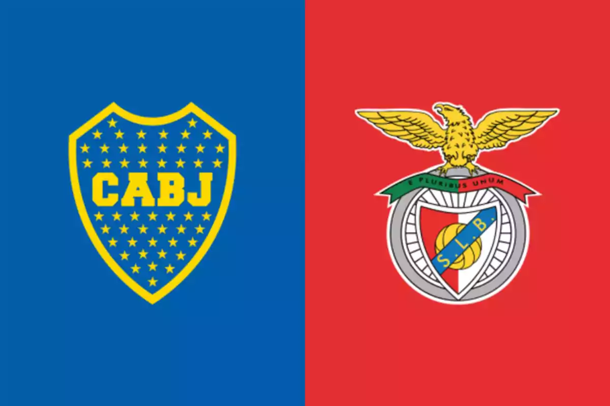 Escudos de Boca Juniors sobre fondo azul y Benfica sobre fondo rojo