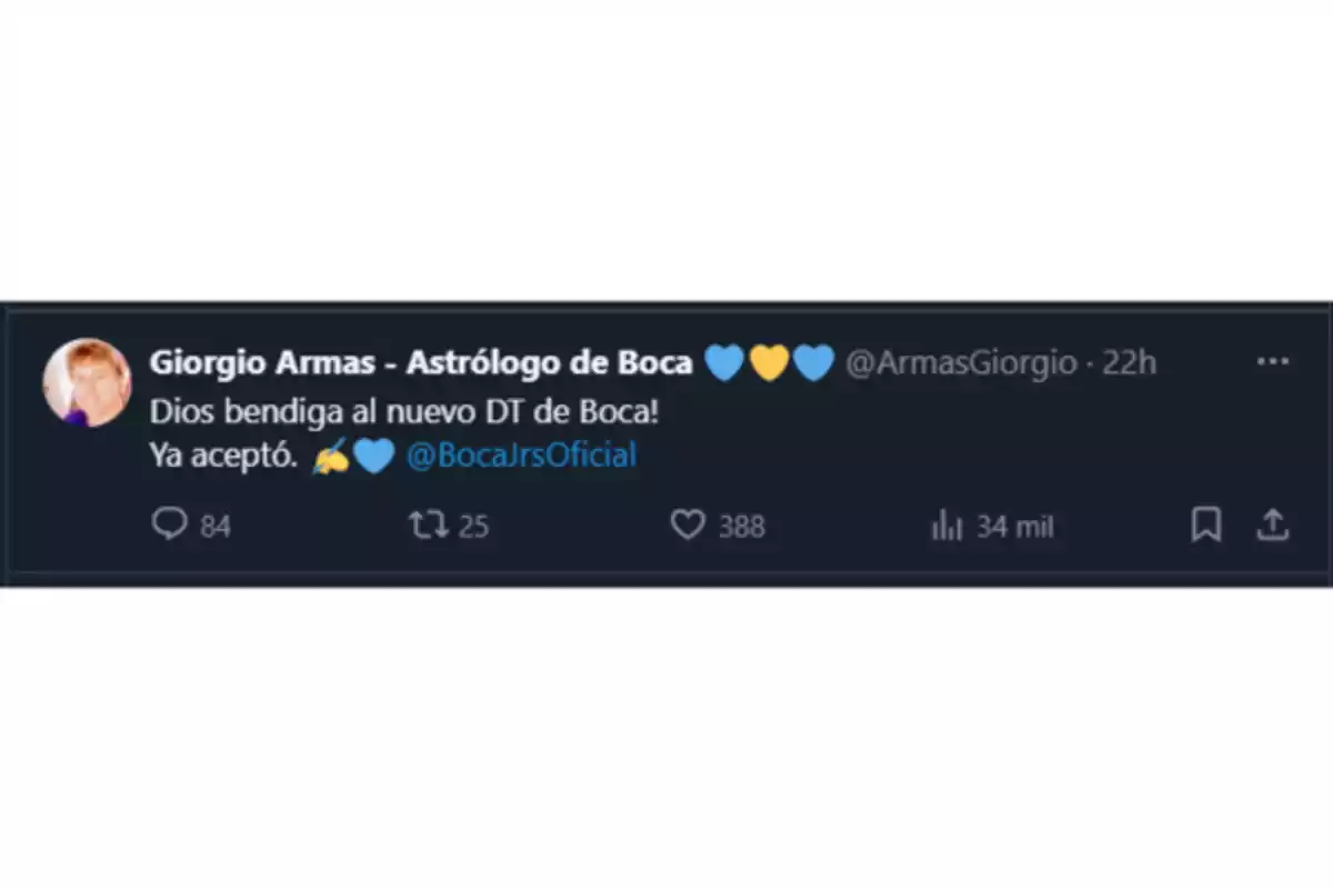 Screenshot of a tweet from a user identifying as Boca's astrologer, expressing blessings for the team's new head coach and mentioning that he has already accepted, accompanied by emojis and a mention of Boca Juniors' official account. Screenshot of a tweet from a user identifying as Boca's astrologer, expressing blessings for the team's new head coach and mentioning that he has already accepted, accompanied by emojis and a mention of Boca Juniors' official account.
