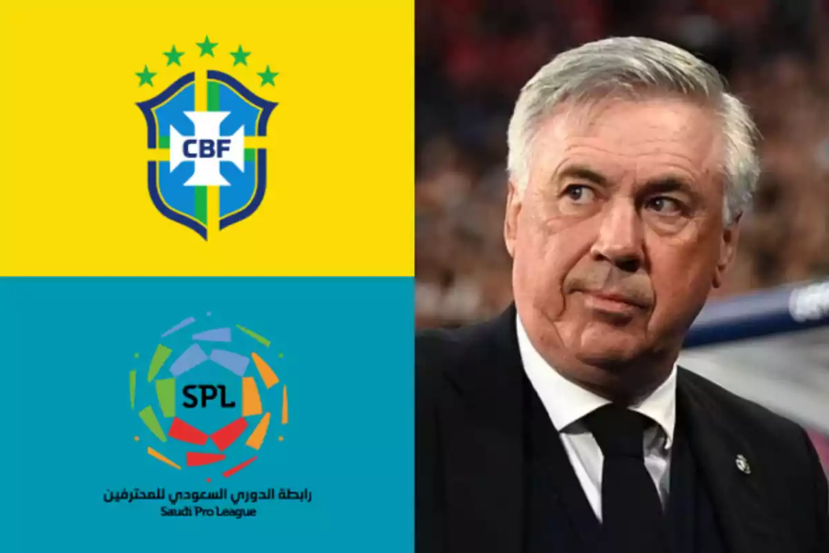 A man in a suit and tie appears next to the logos of the Brazilian Football Confederation and the Saudi Pro League. A man in a suit and tie appears next to the logos of the Brazilian Football Confederation and the Saudi Pro League.