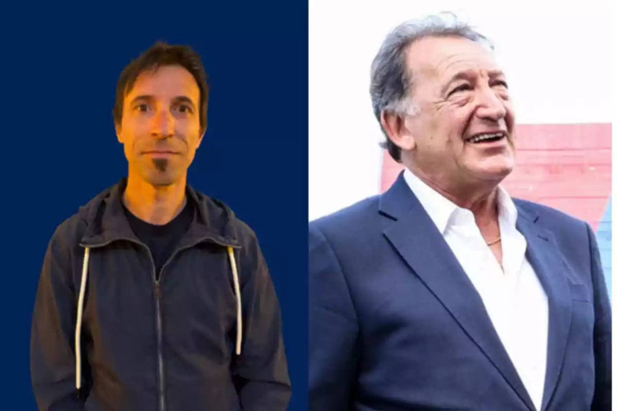 Dos hombres posando, uno con chaqueta oscura y fondo azul, el otro con traje y fondo claro. Dos hombres posando, uno con chaqueta oscura y fondo azul, el otro con traje y fondo claro.