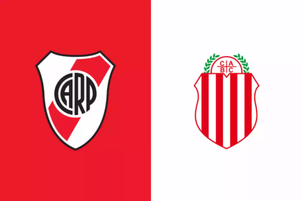 Dos escudos de equipos de fútbol sobre fondos rojo y blanco.