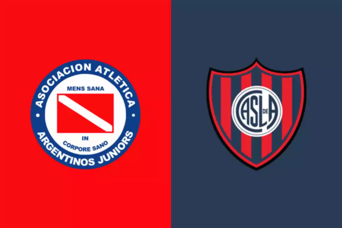 Escudos de dos equipos de fútbol argentinos, uno con fondo rojo y el otro con fondo azul oscuro. Escudos de dos equipos de fútbol argentinos, uno con fondo rojo y el otro con fondo azul oscuro.