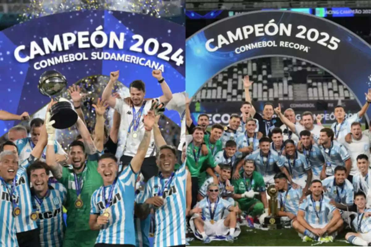 A soccer team celebrates with trophies and medals under arches that read A soccer team celebrates with trophies and medals under arches that read