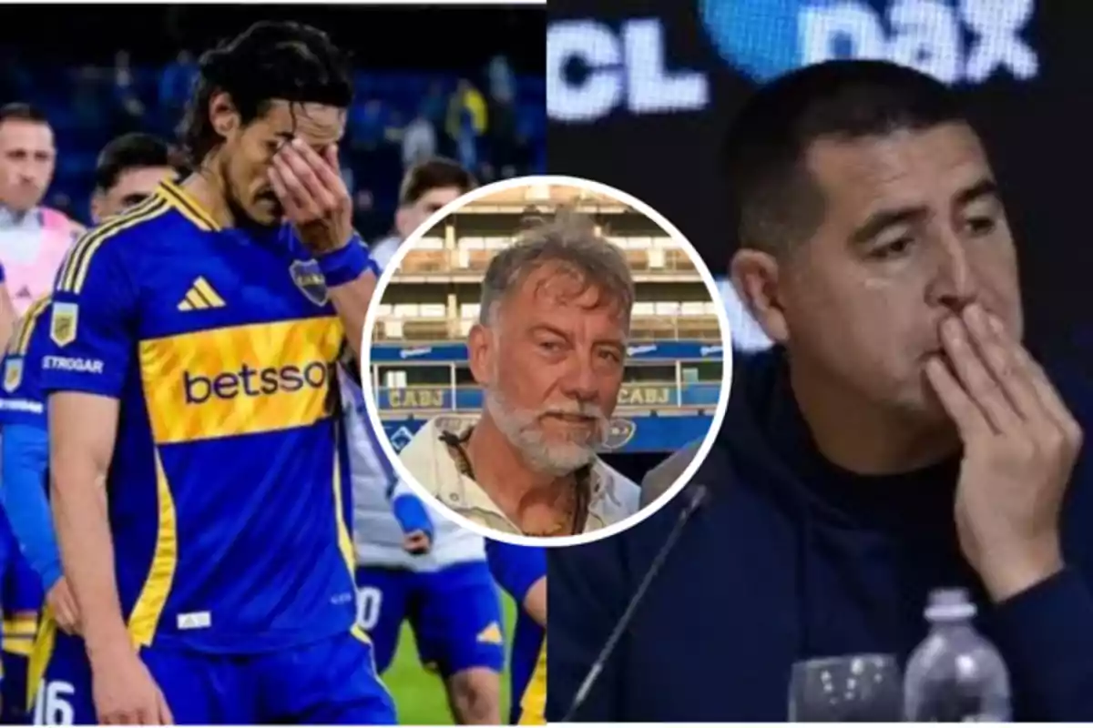 Un jugador de fútbol con el uniforme de Boca Juniors se cubre el rostro con la mano mientras otro hombre en una conferencia de prensa también se lleva la mano a la boca; en el centro, un recuadro muestra a un tercer hombre con barba en un estadio.