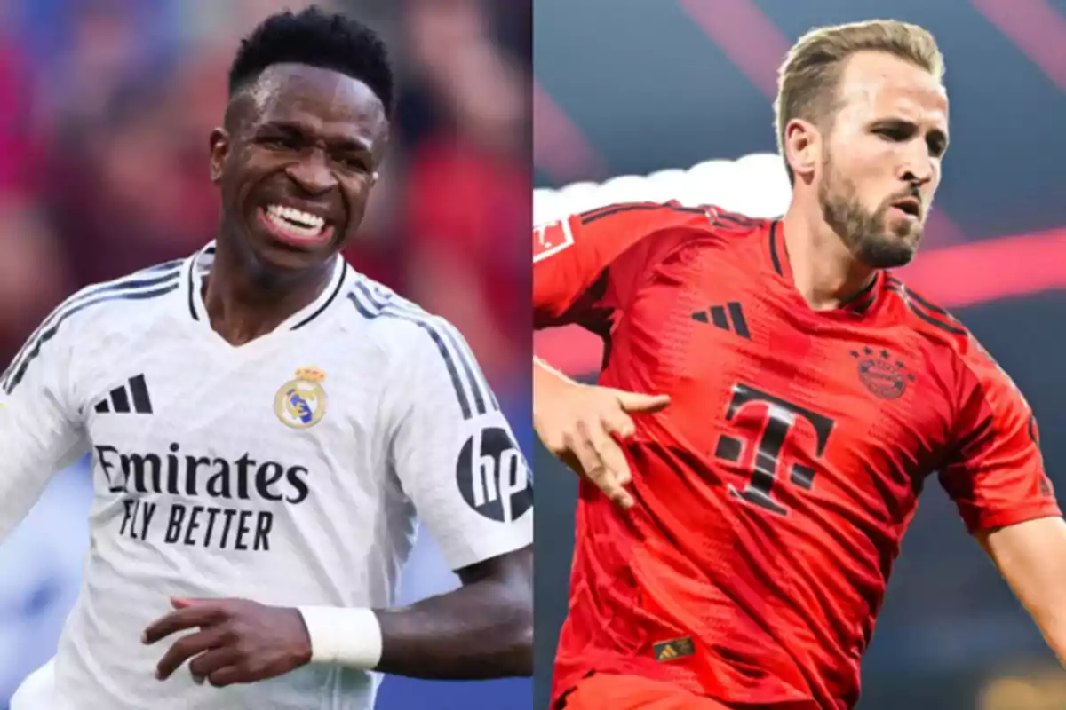 Dos futbolistas en acción, uno con uniforme blanco del Real Madrid y otro con uniforme rojo del Bayern Múnich Dos futbolistas en acción, uno con uniforme blanco del Real Madrid y otro con uniforme rojo del Bayern Múnich