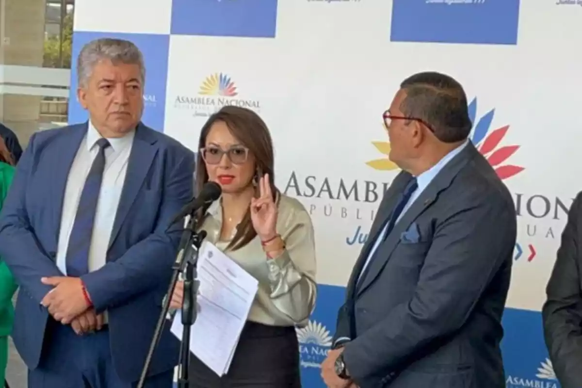 Tres personas en un evento de la Asamblea Nacional, una mujer habla frente a un micrófono mientras sostiene un documento, flanqueada por dos hombres con trajes formales.