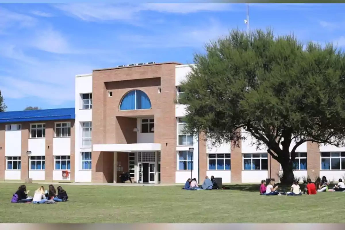 Edificio escolar moderno de ladrillo y ventanas grandes con grupos de estudiantes sentados en el césped bajo un cielo azul y un árbol frondoso