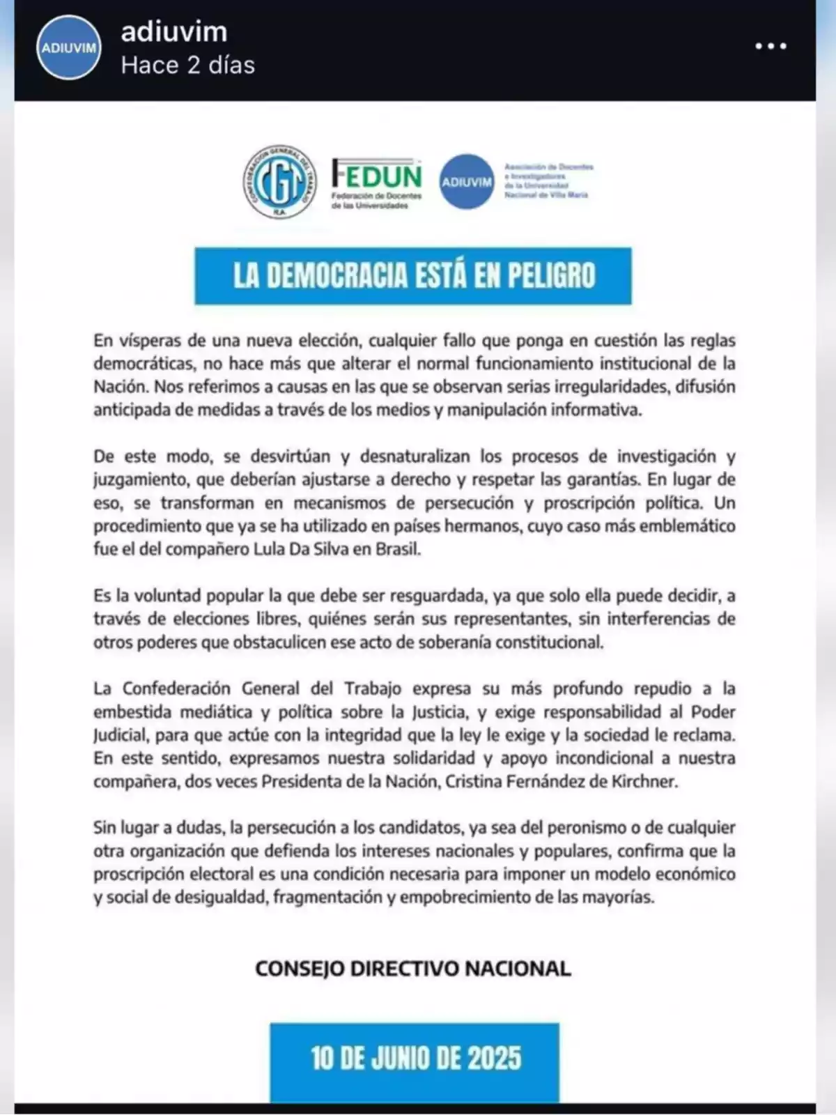 Comunicado de ADIUVIM, FEDUN y la Asociación de Docentes e Investigadores de la Universidad Nacional de Villa María titulado Comunicado de ADIUVIM, FEDUN y la Asociación de Docentes e Investigadores de la Universidad Nacional de Villa María titulado