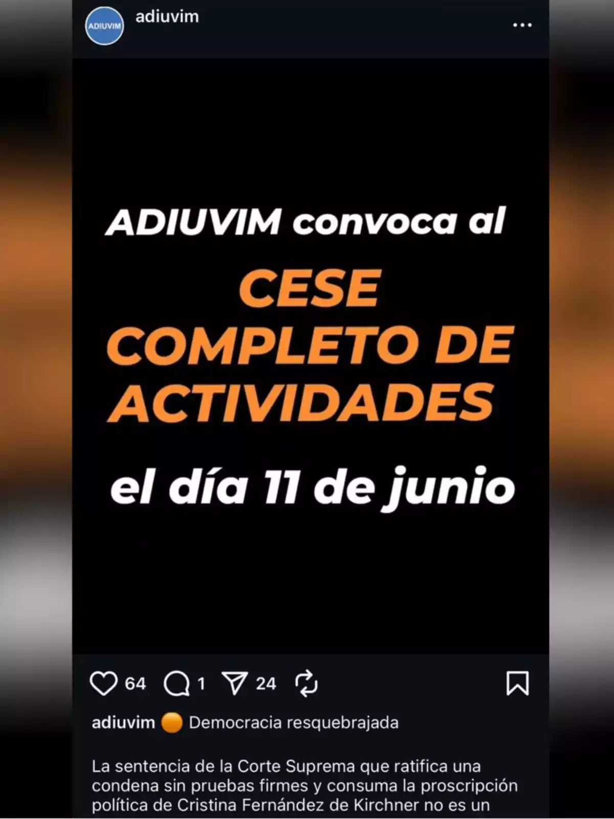 Imagen con fondo negro y texto en blanco y naranja que anuncia que ADIUVIM convoca a un cese completo de actividades el día 11 de junio Imagen con fondo negro y texto en blanco y naranja que anuncia que ADIUVIM convoca a un cese completo de actividades el día 11 de junio