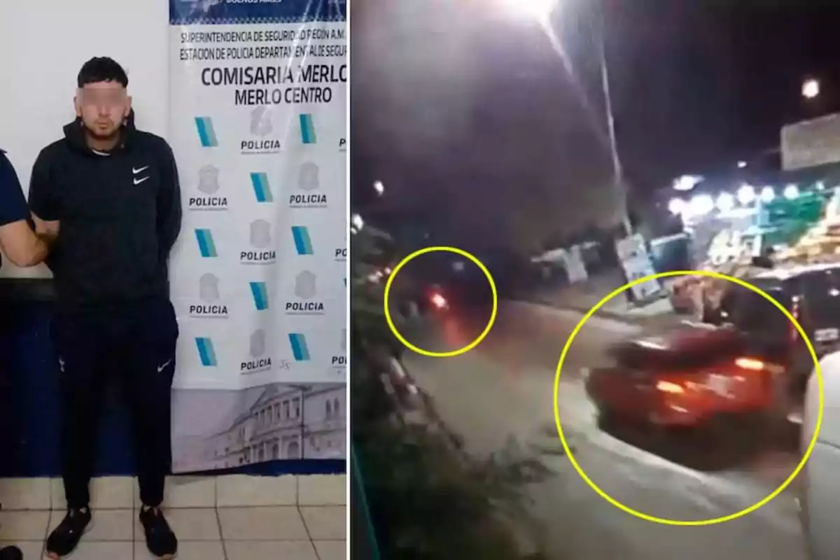 Una persona de pie junto a un cartel de la comisaría y una imagen de un vehículo en movimiento capturado por una cámara de seguridad.