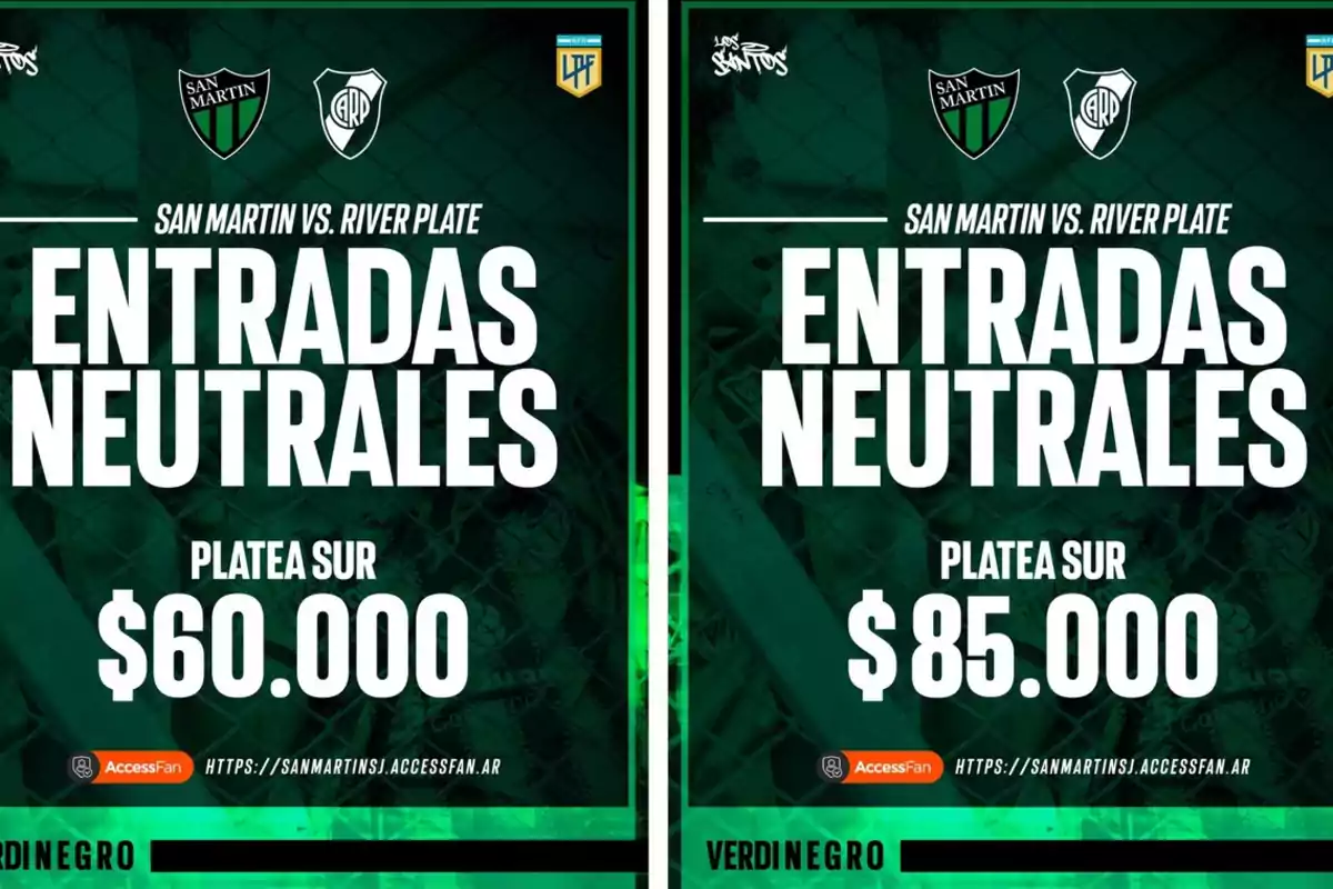 San Martín vs. River Plate, entradas neutrales disponibles para Platea Sur a $60,000 y $85,000, más información en sanmartinsj.accessfan.ar.