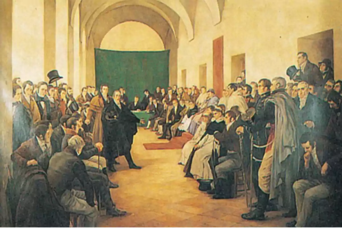A historical painting depicting a gathering of people in a hall with arches and a green background.
