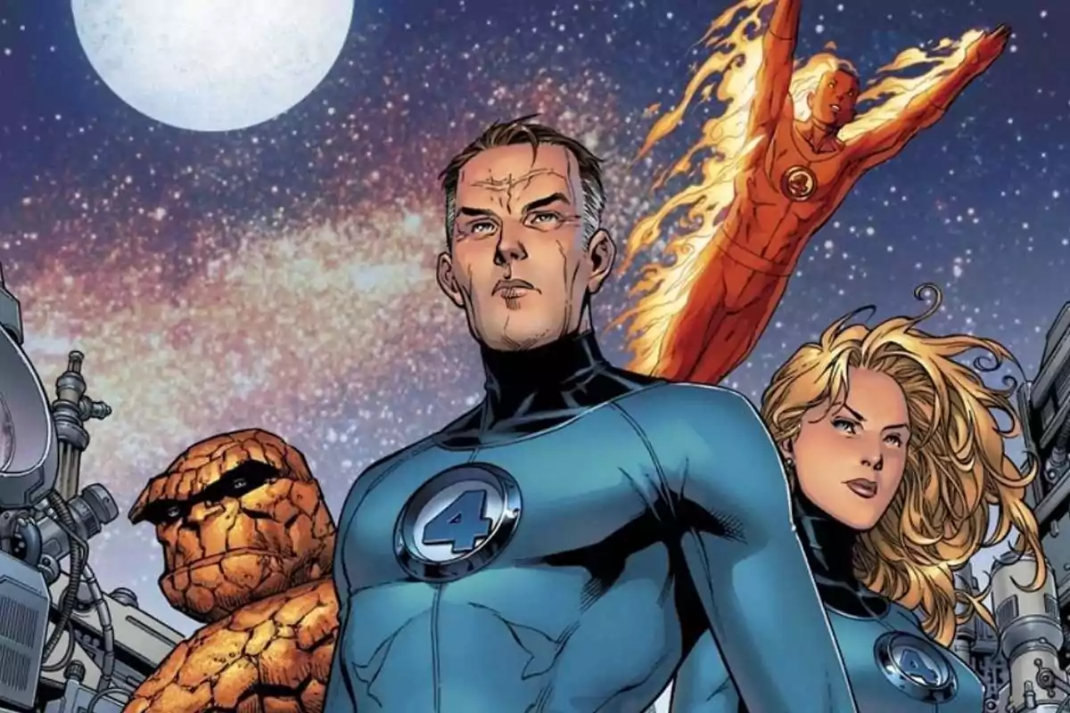Illustration of the Fantastic Four with a starry space background Illustration of the Fantastic Four with a starry space background