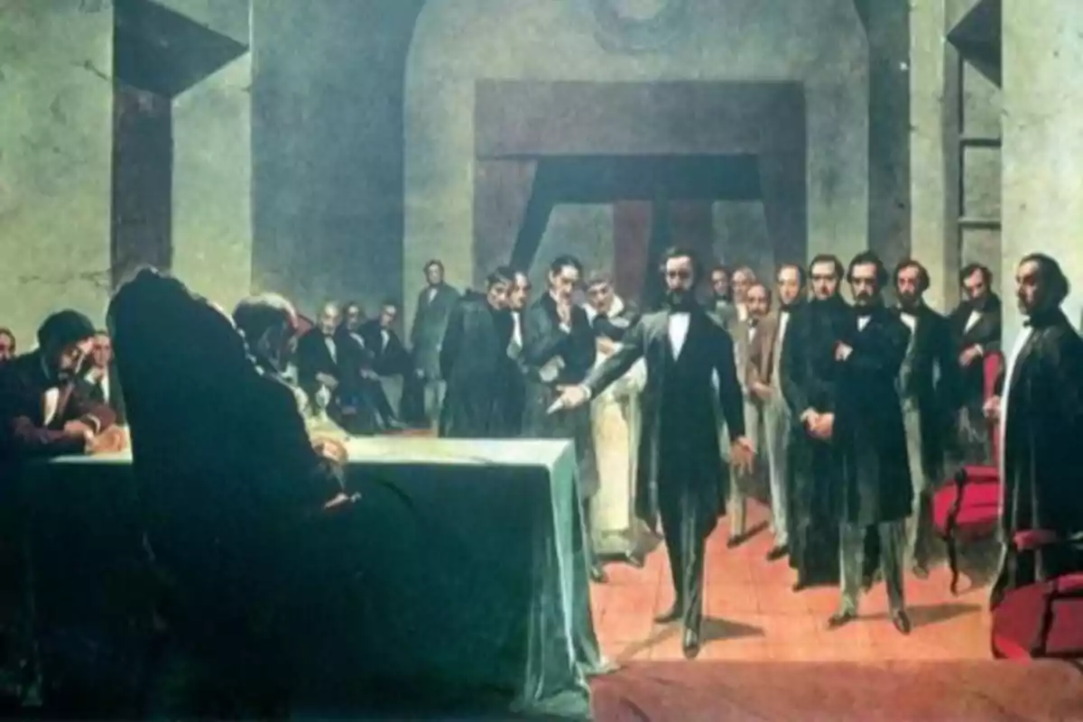 A group of men dressed formally is gathered around a table in a room with a solemn atmosphere. A group of men dressed formally is gathered around a table in a room with a solemn atmosphere.