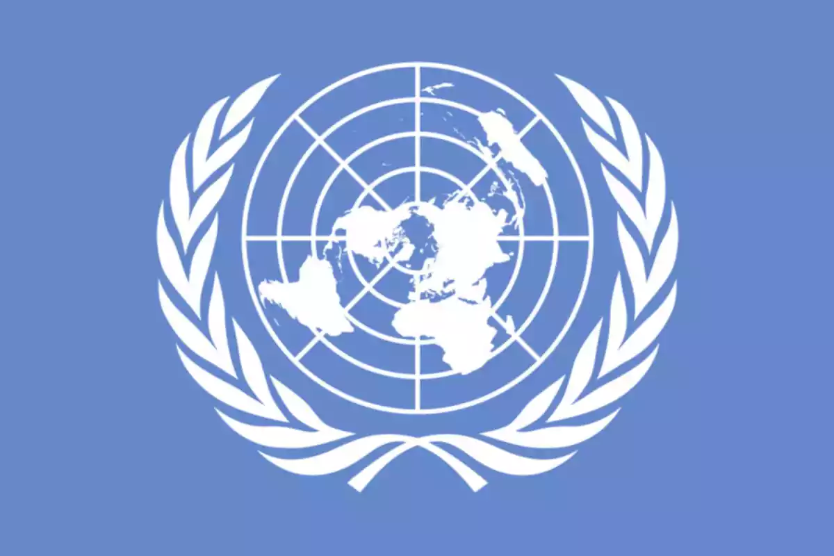 Bandera azul con el emblema blanco de la ONU que muestra un mapa del mundo rodeado por dos ramas de olivo Bandera azul con el emblema blanco de la ONU que muestra un mapa del mundo rodeado por dos ramas de olivo
