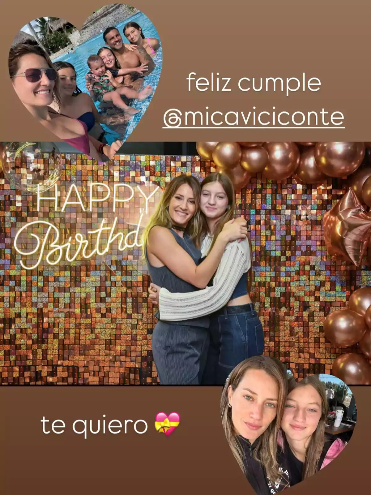 A birthday celebration image with several people posing together, including a photo in a pool and another in front of a background decorated with balloons and a A birthday celebration image with several people posing together, including a photo in a pool and another in front of a background decorated with balloons and a