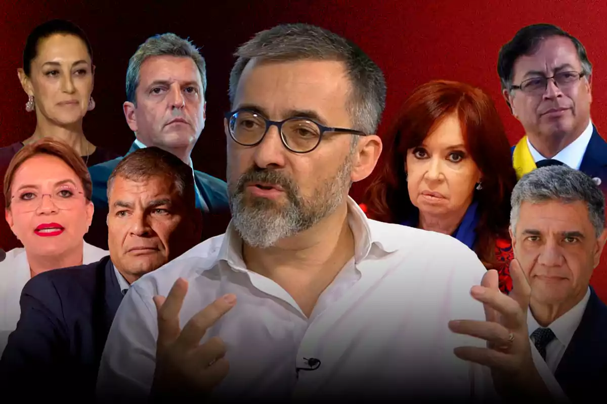 A group of people in a photo montage with a red background.