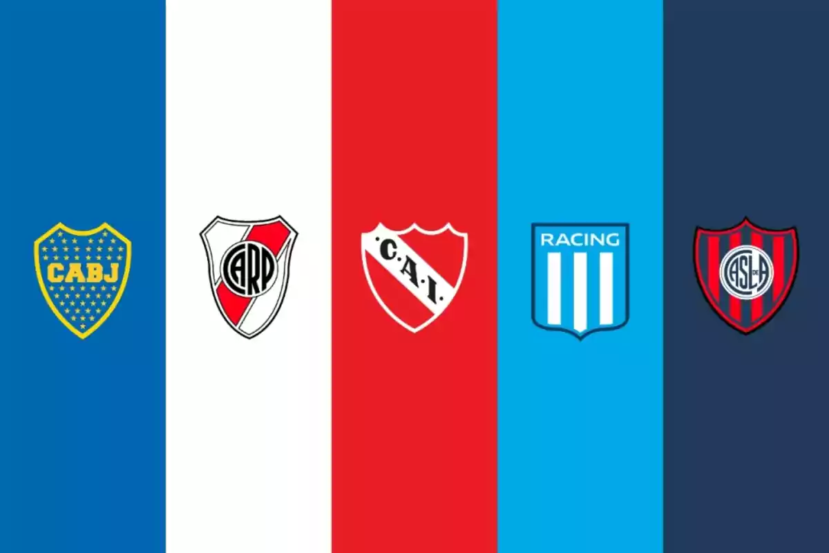 Escudos de cinco equipos de fútbol argentino sobre fondos de colores.