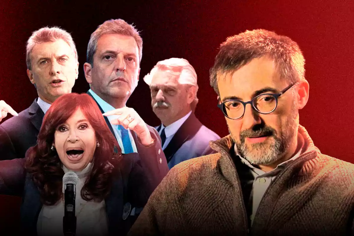 Un grupo de personas en un montaje con fondo rojo.