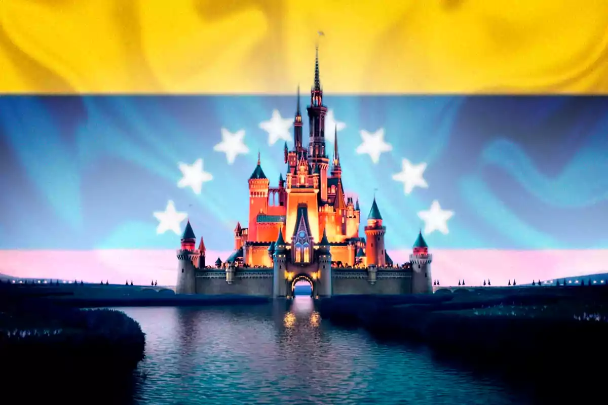 A lit-up castle is reflected in the water with the Venezuelan flag in the background.