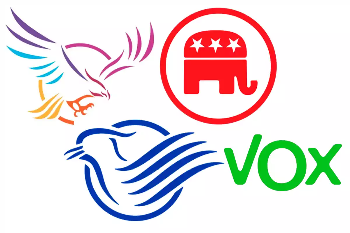 Logotipos de partidos políticos con un águila multicolor, un elefante rojo con estrellas y un ave azul junto a la palabra Vox en verde