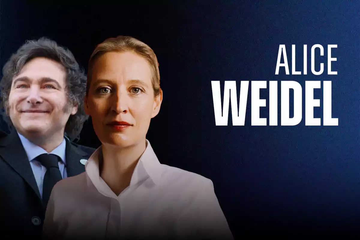 Two people in the foreground with a dark blue background and the text Alice Weidel on the right