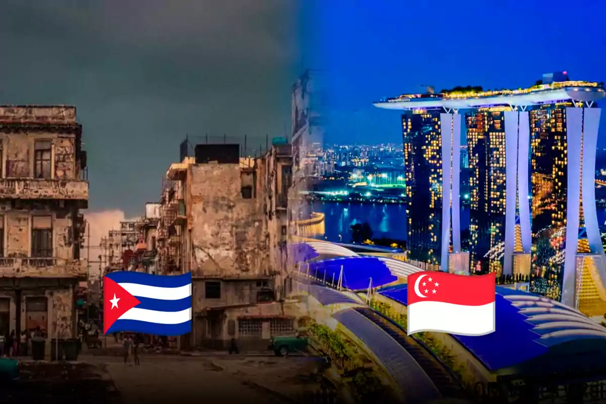 A split image shows a contrast between a rundown urban area with the Cuban flag and a modern cityscape lit up with the Singaporean flag.