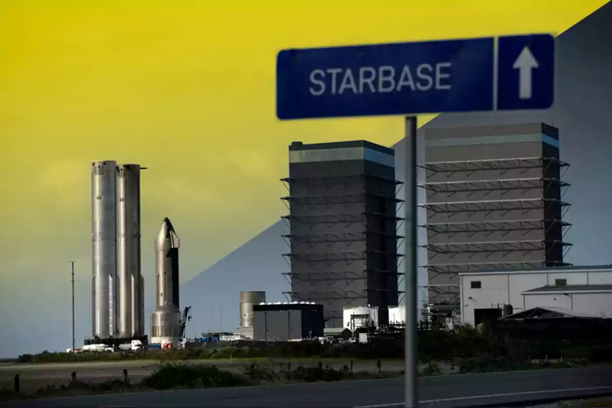 Traffic sign indicating the direction to a space base with rockets and industrial buildings in the background under a yellow sky.