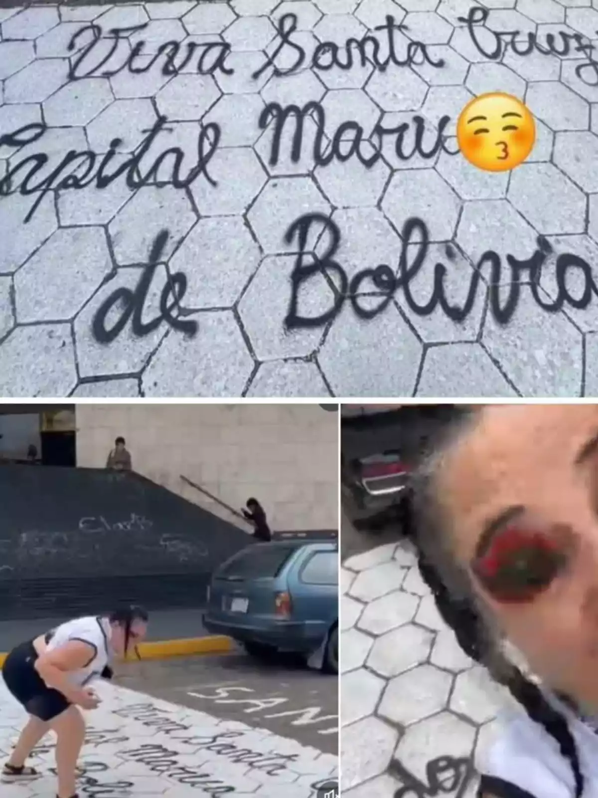 Una persona pinta un mensaje en el suelo con aerosol negro que dice Viva Santa Cruz capital moral de Bolivia, mientras se toma fotos y videos en la calle frente a un edificio y un auto estacionado. Una persona pinta un mensaje en el suelo con aerosol negro que dice Viva Santa Cruz capital moral de Bolivia, mientras se toma fotos y videos en la calle frente a un edificio y un auto estacionado.