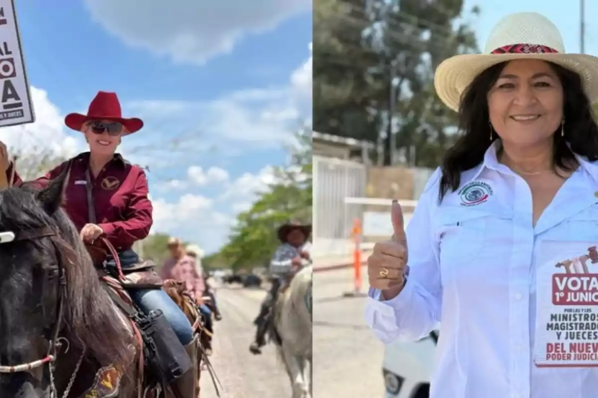 Two women wearing hats take part in campaign activities, one riding a horse and the other holding a sign and giving a thumbs-up.