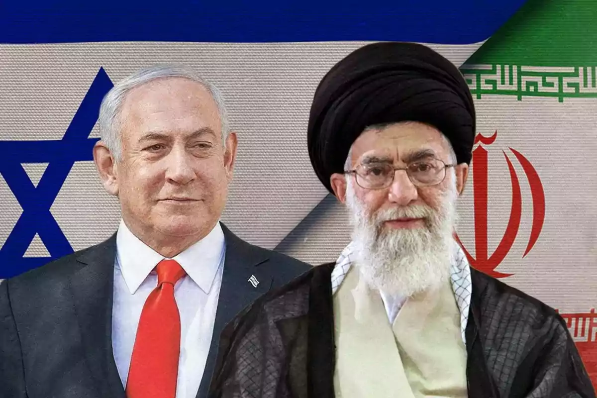 Two men standing in front of the flags of Israel and Iran