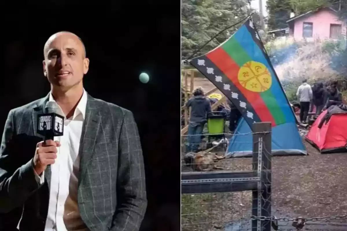 Un hombre con un micrófono en un evento y una escena al aire libre con una bandera colorida y varias personas alrededor de tiendas de campaña.